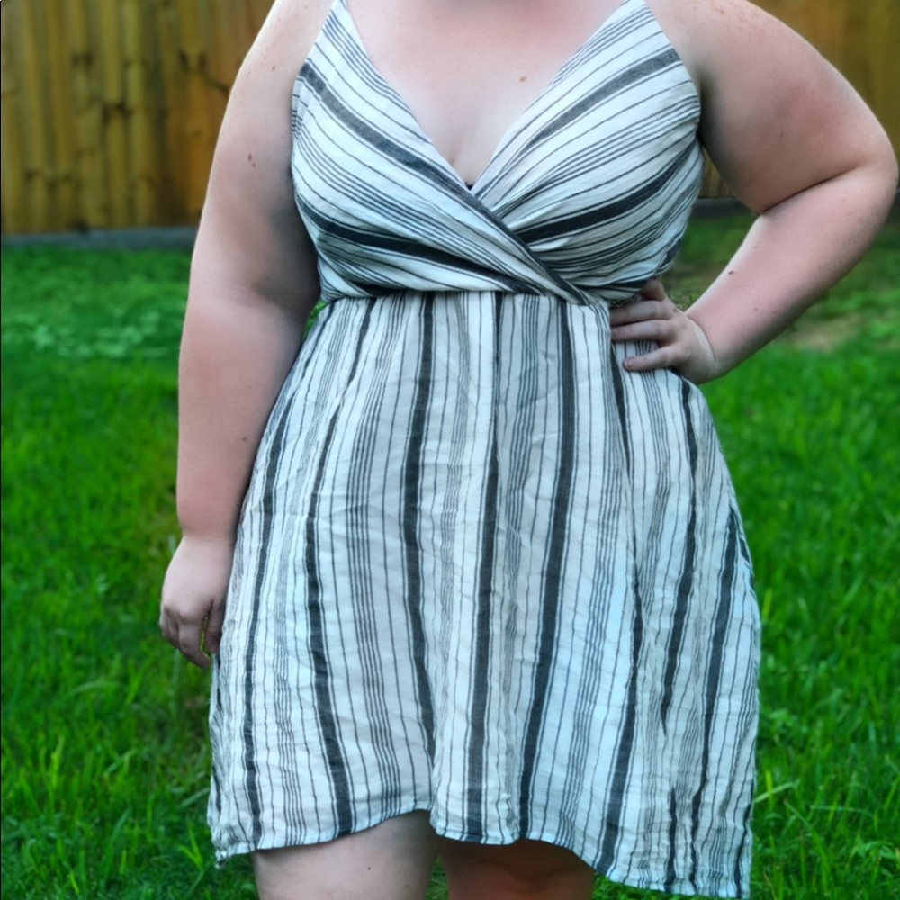 Gray and white striped, high to low dress